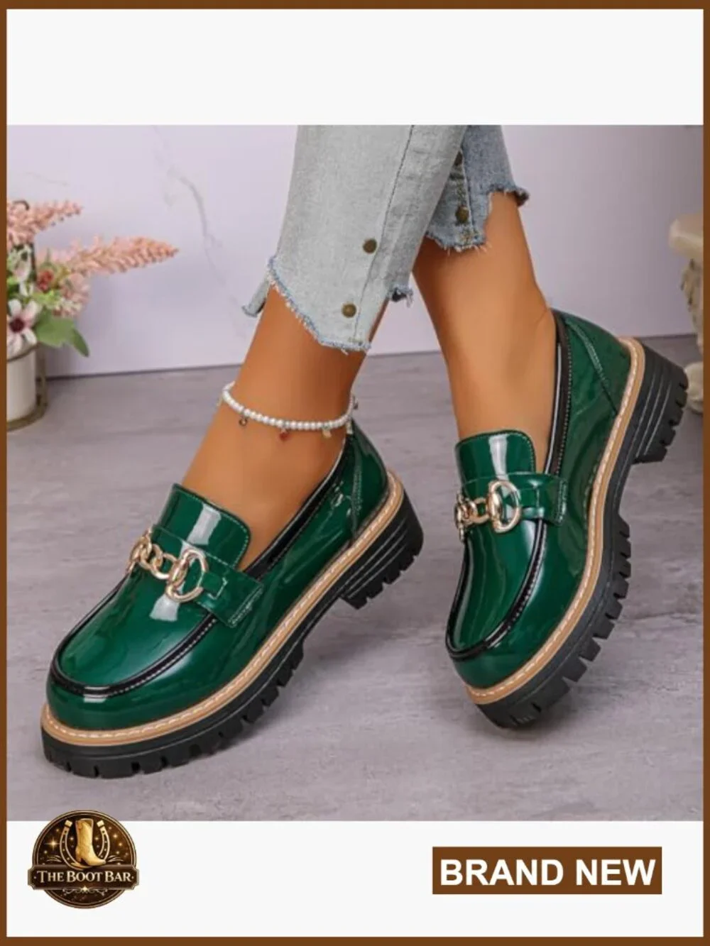 Chunky Heel Patent Leather Loafers Women Round Toe Lug Sole Platform Slip On